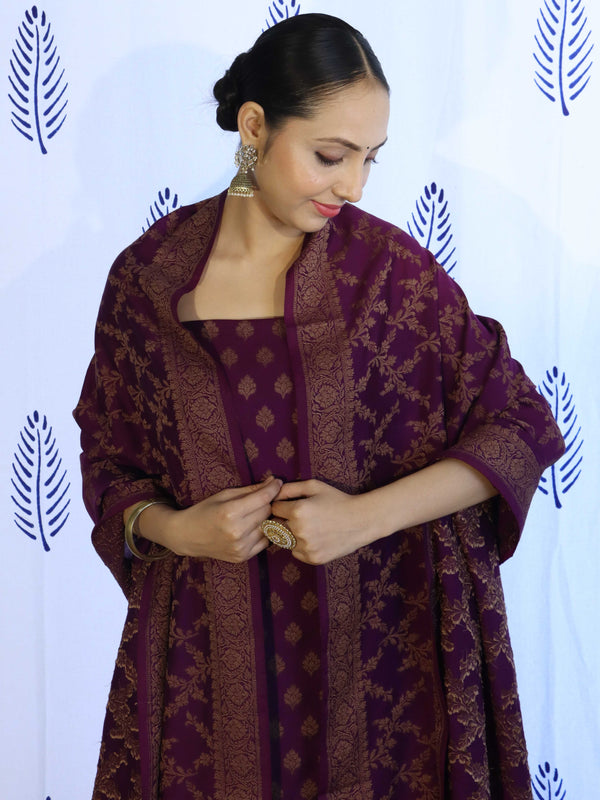 Banarasee Cotton Silk Salwar Kameez Fabric With Dupatta Set & Resham Work-Violet