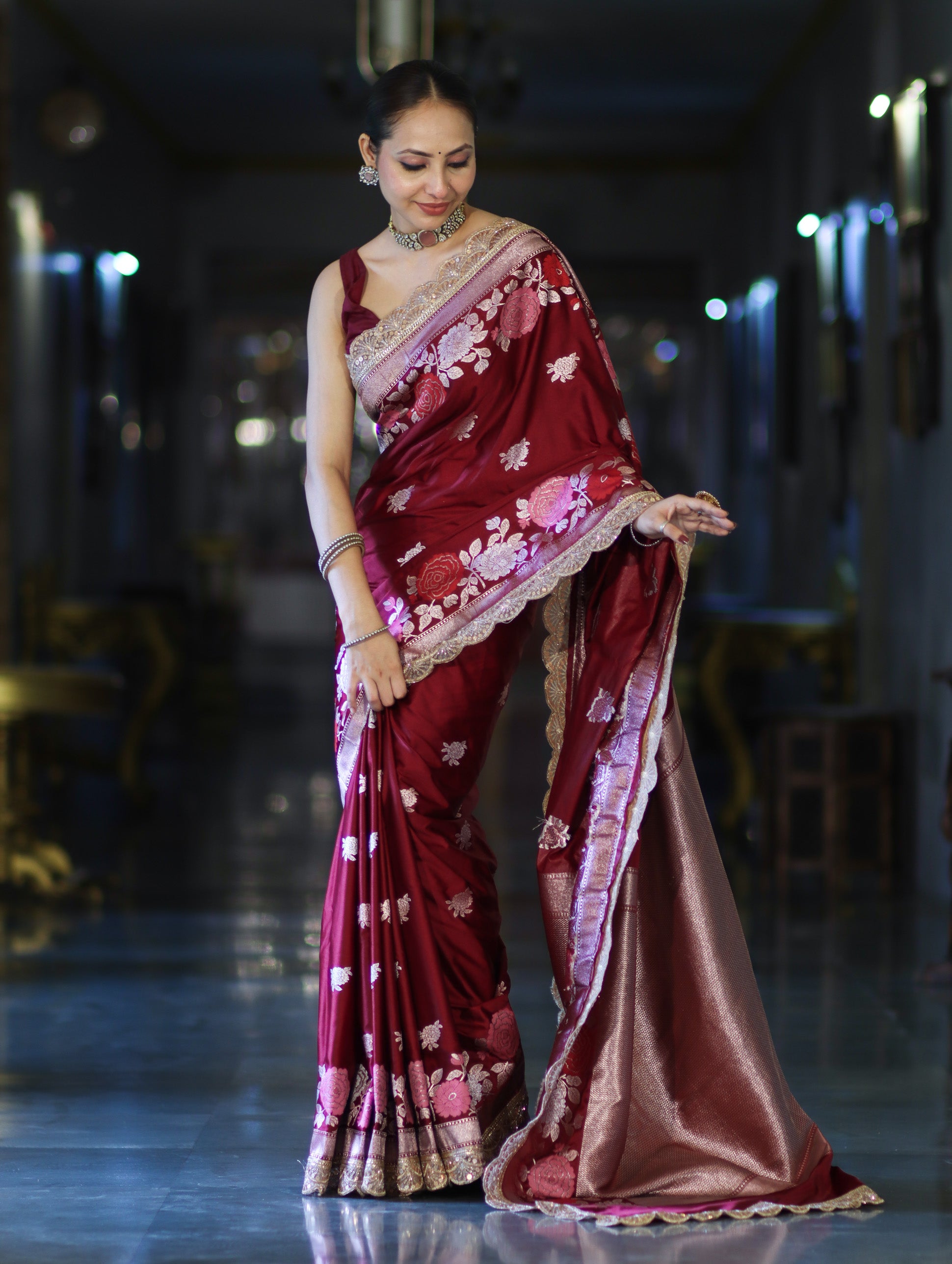 Banarasee Mashru Silk Saree With Zari Embroidery Floral Border & Lace-Maroon