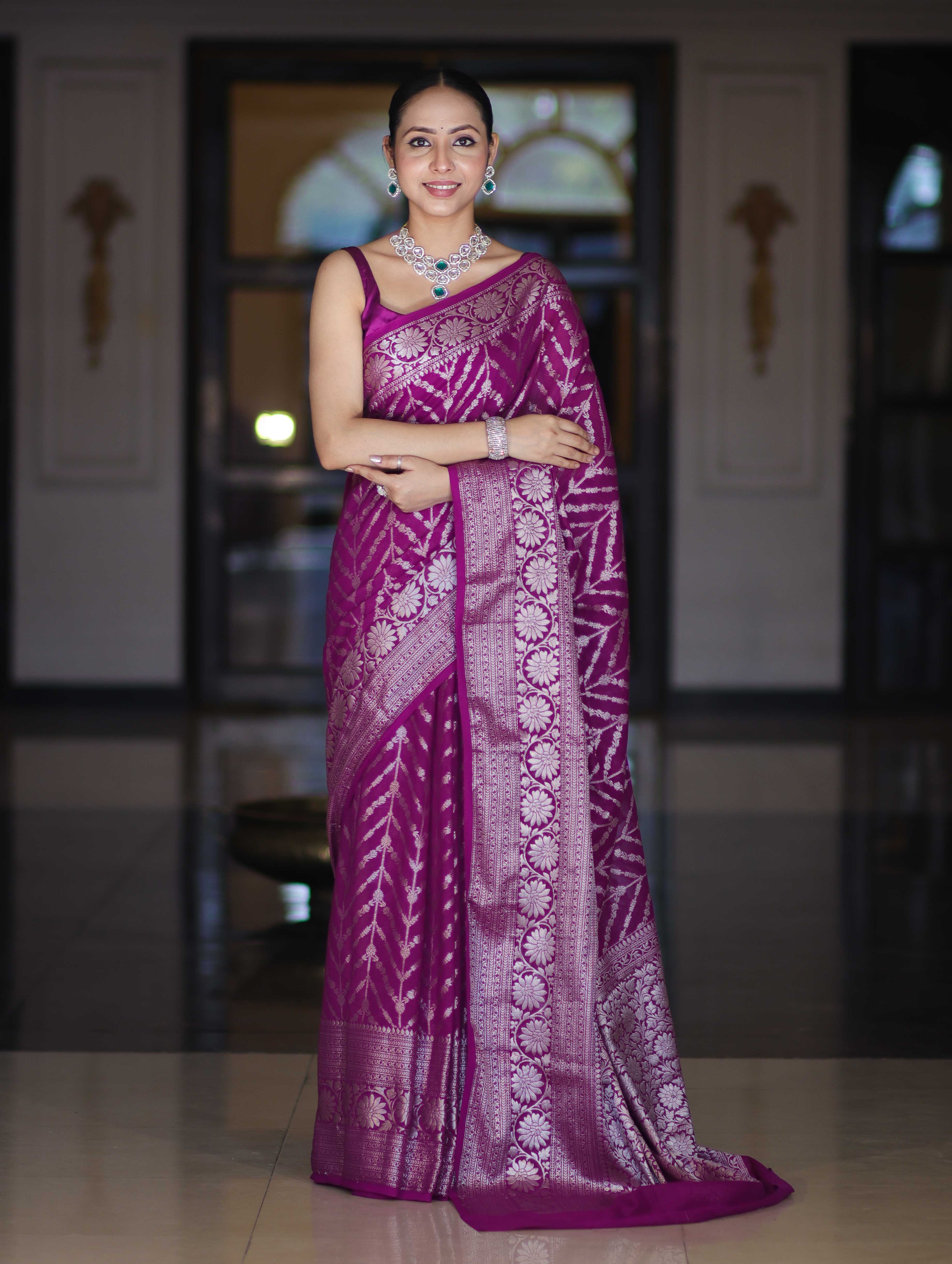 Banarasee Handwoven Georgette Saree With Zari Work & Border-Purple