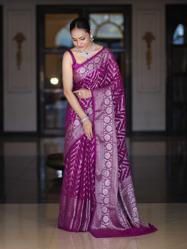 Banarasee Handwoven Georgette Saree With Zari Work & Border-Purple