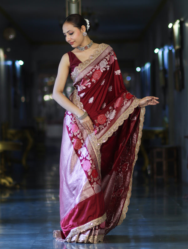 Banarasee Mashru Silk Saree With Zari Embroidery Floral Border & Lace-Maroon