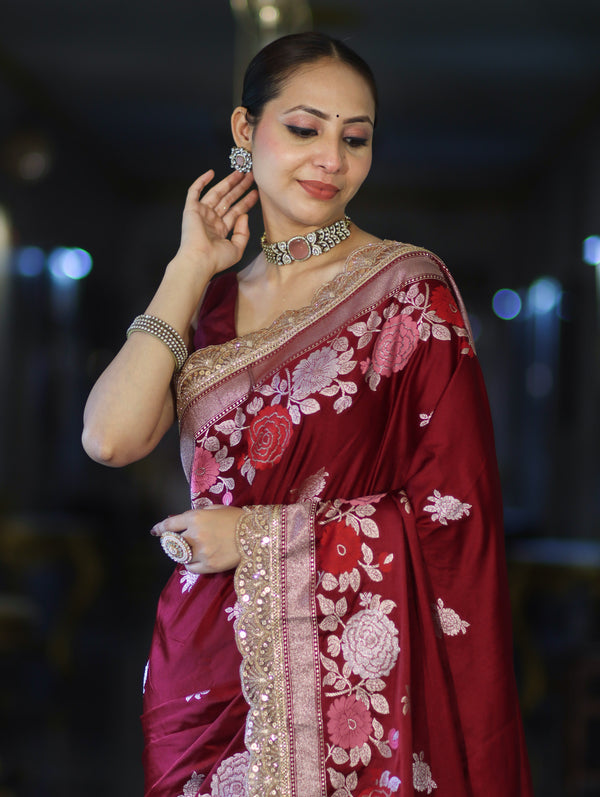 Banarasee Mashru Silk Saree With Zari Embroidery Floral Border & Lace-Maroon
