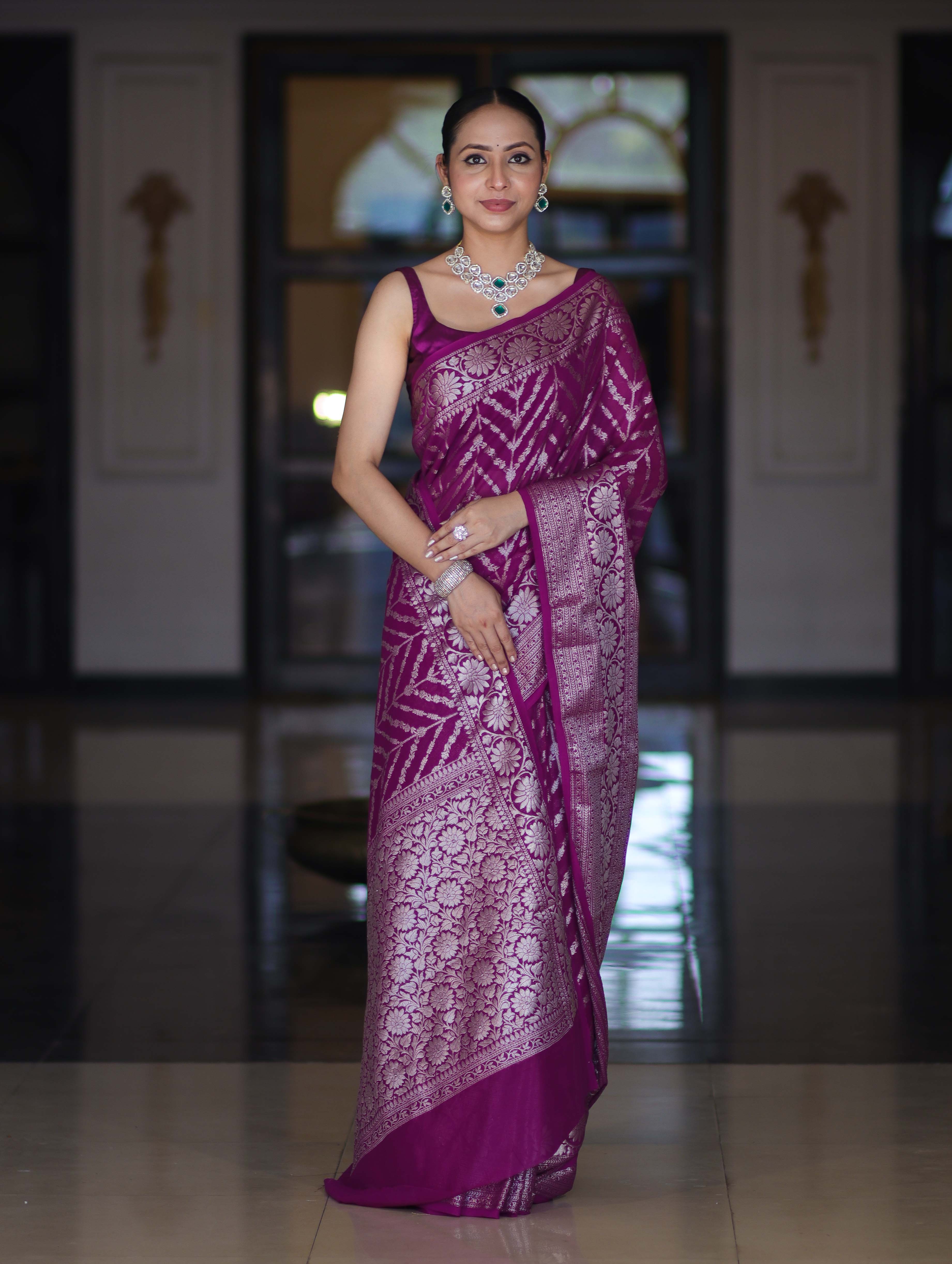 Banarasee Handwoven Georgette Saree With Zari Work & Border-Purple