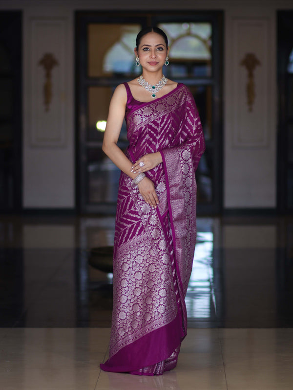 Banarasee Handwoven Georgette Saree With Zari Work & Border-Purple