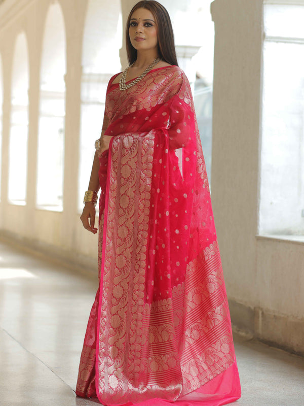 Banarasee Organza Mix Saree With Zari Buta & Border-Red