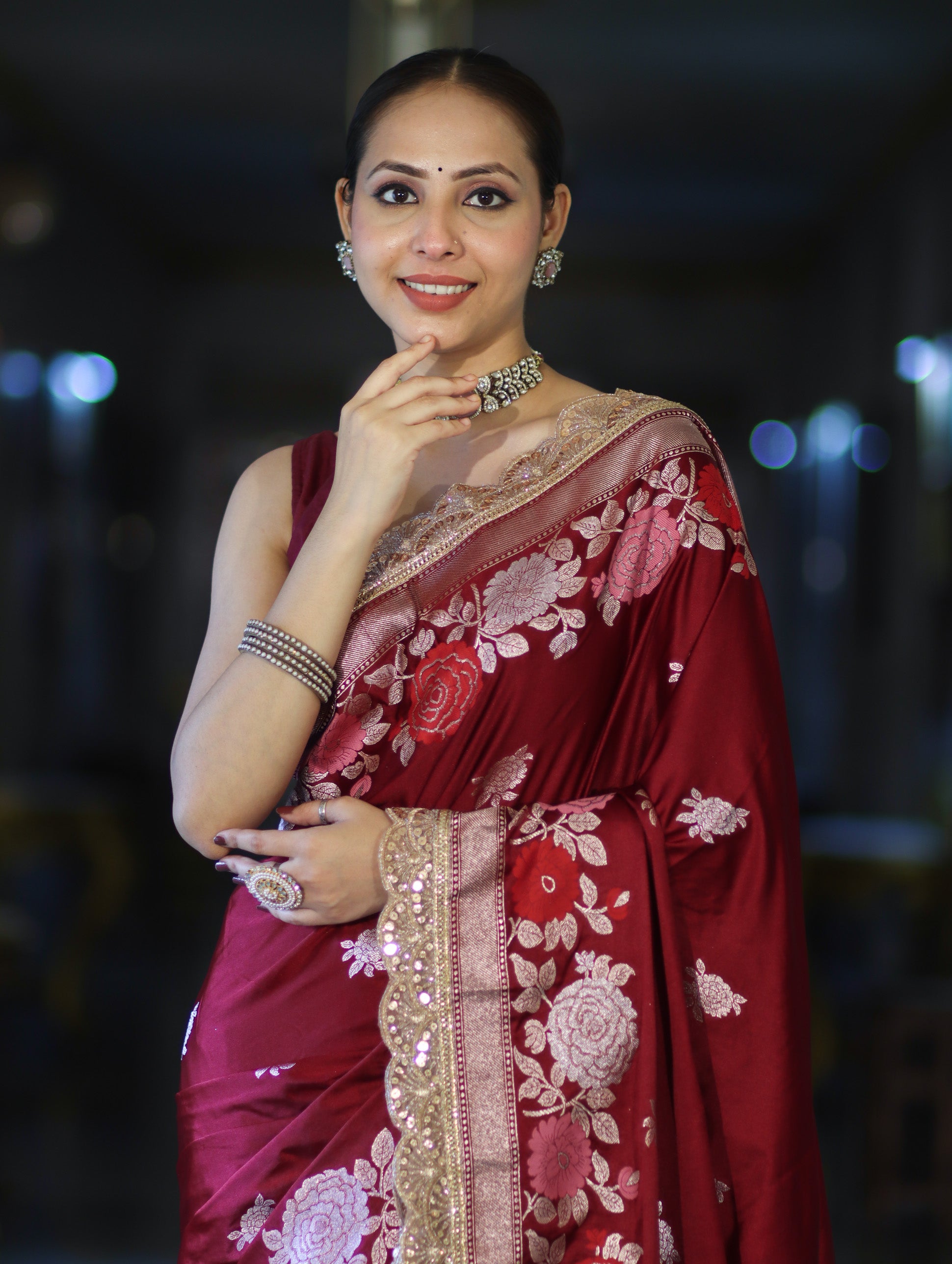 Banarasee Mashru Silk Saree With Zari Embroidery Floral Border & Lace-Maroon