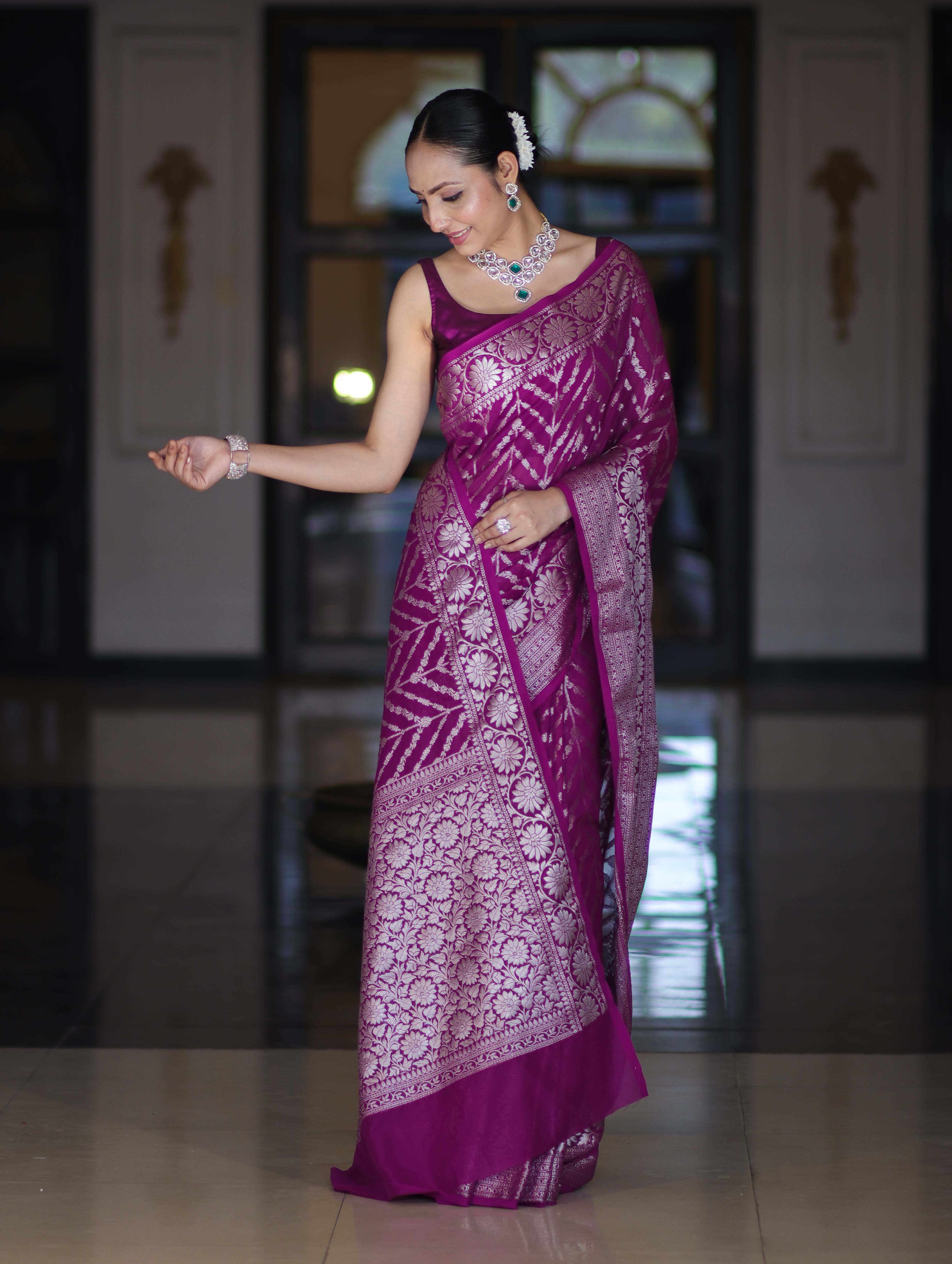 Banarasee Handwoven Georgette Saree With Zari Work & Border-Purple