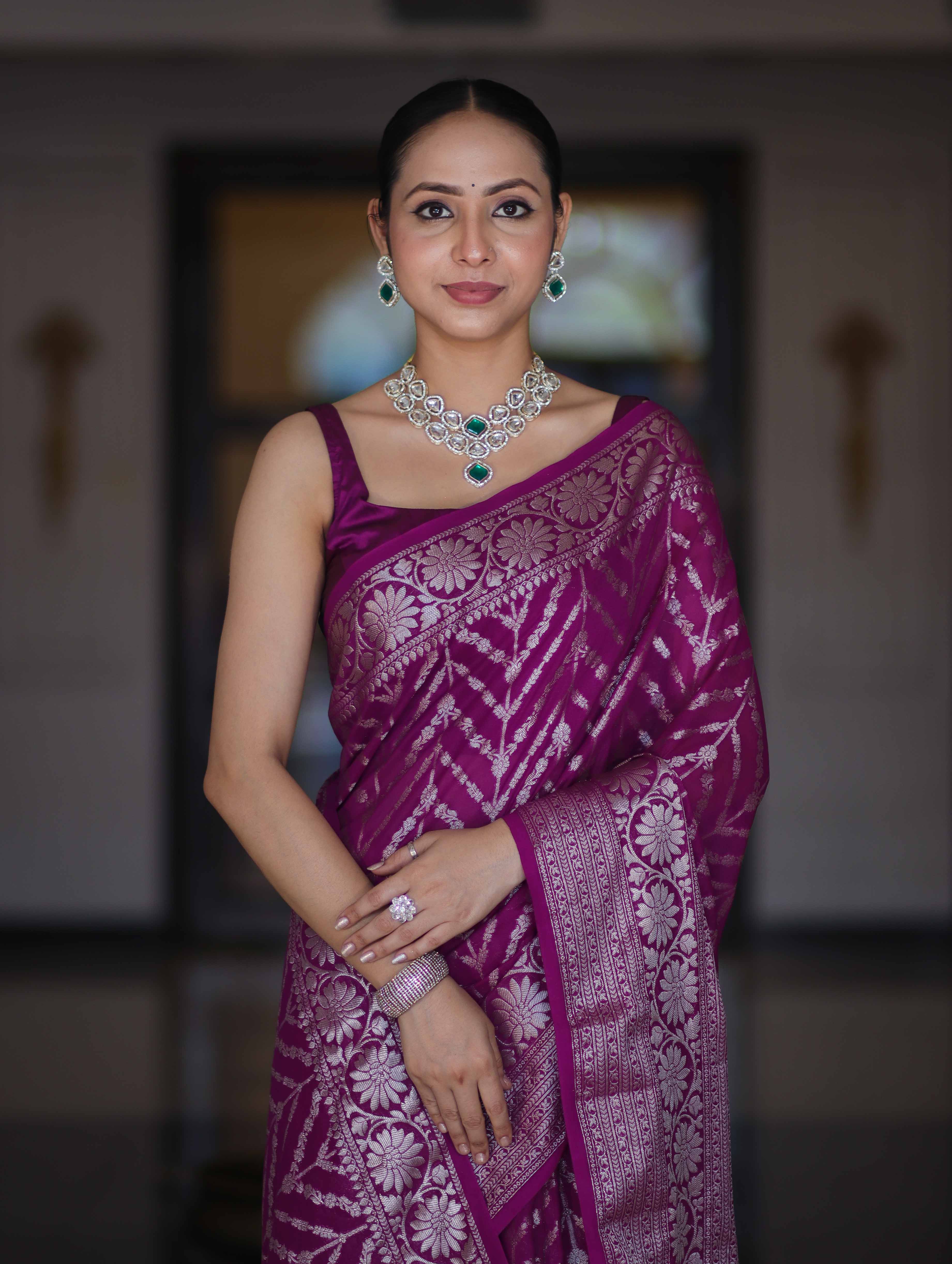 Banarasee Handwoven Georgette Saree With Zari Work & Border-Purple