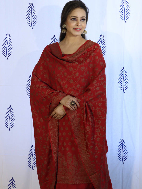 Banarasee Cotton Silk Salwar Kameez Fabric With Dupatta Set & Resham Work-Red