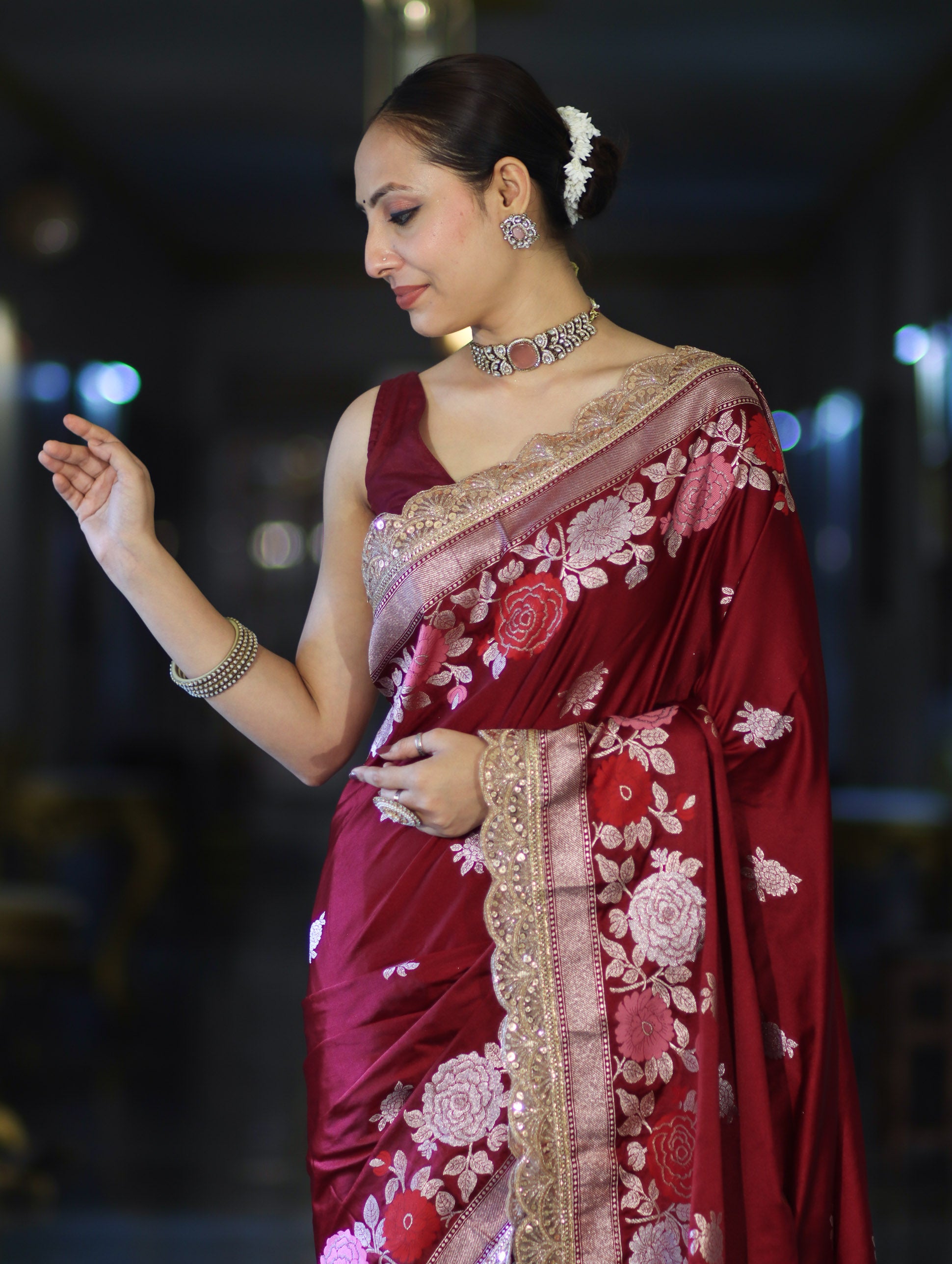 Banarasee Mashru Silk Saree With Zari Embroidery Floral Border & Lace-Maroon