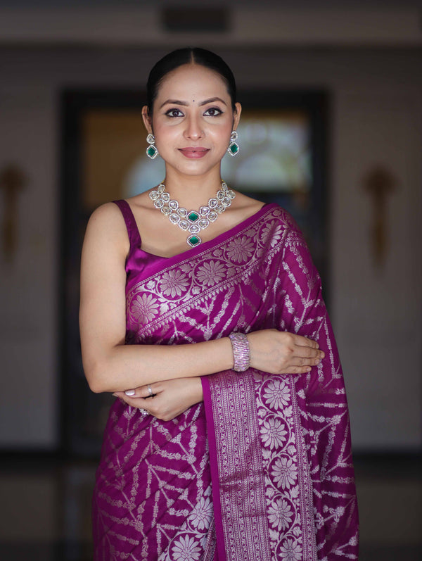Banarasee Handwoven Georgette Saree With Zari Work & Border-Purple