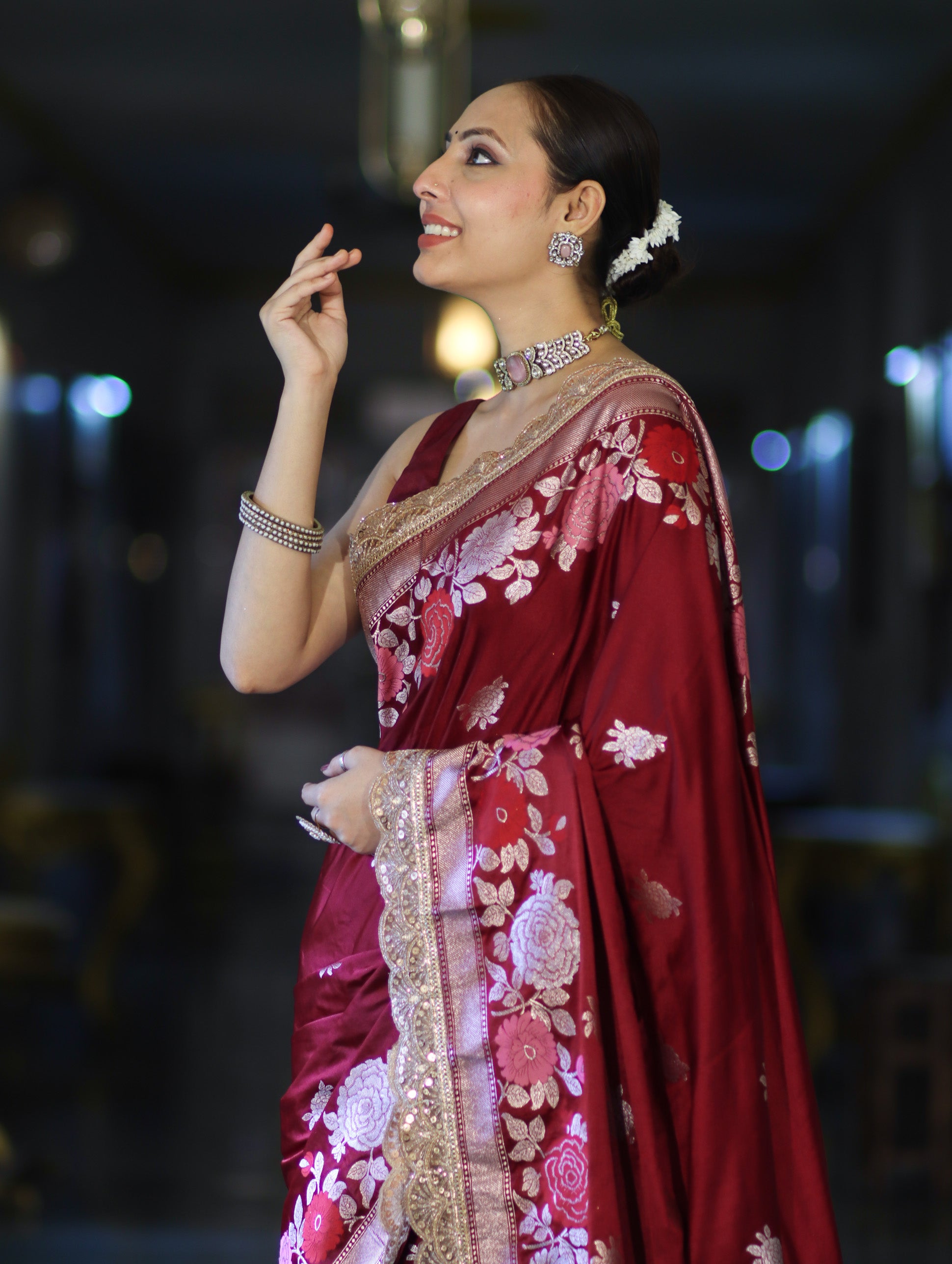 Banarasee Mashru Silk Saree With Zari Embroidery Floral Border & Lace-Maroon