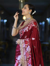 Banarasee Mashru Silk Saree With Zari Embroidery Floral Border & Lace-Maroon
