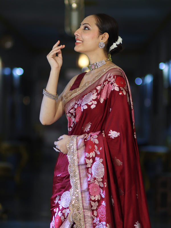 Banarasee Mashru Silk Saree With Zari Embroidery Floral Border & Lace-Maroon