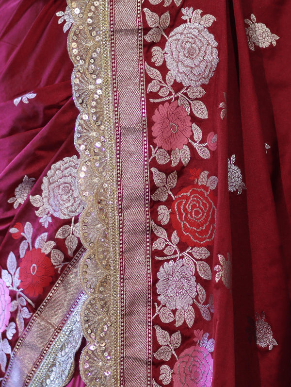 Banarasee Mashru Silk Saree With Zari Embroidery Floral Border & Lace-Maroon
