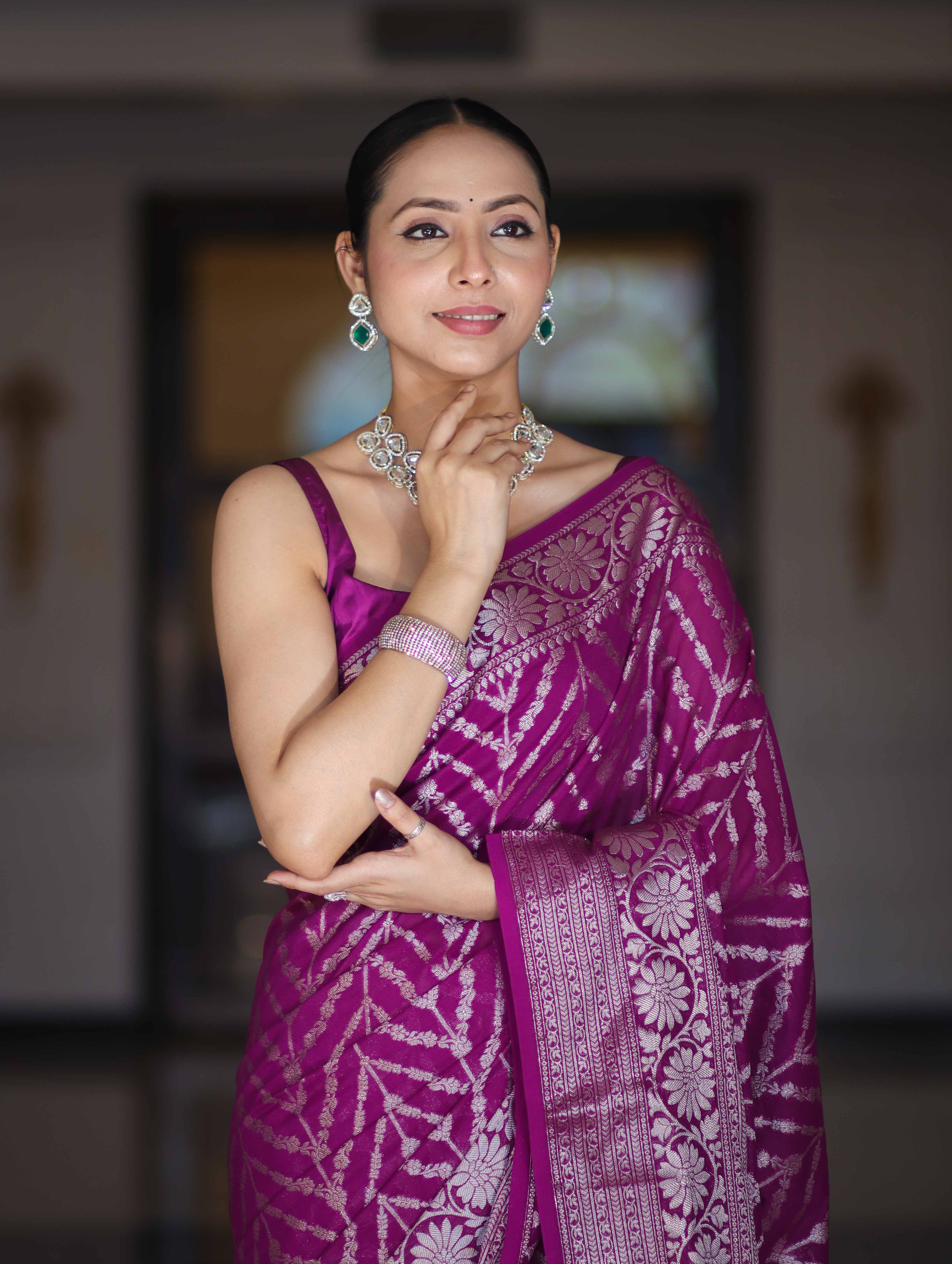Banarasee Handwoven Georgette Saree With Zari Work & Border-Purple