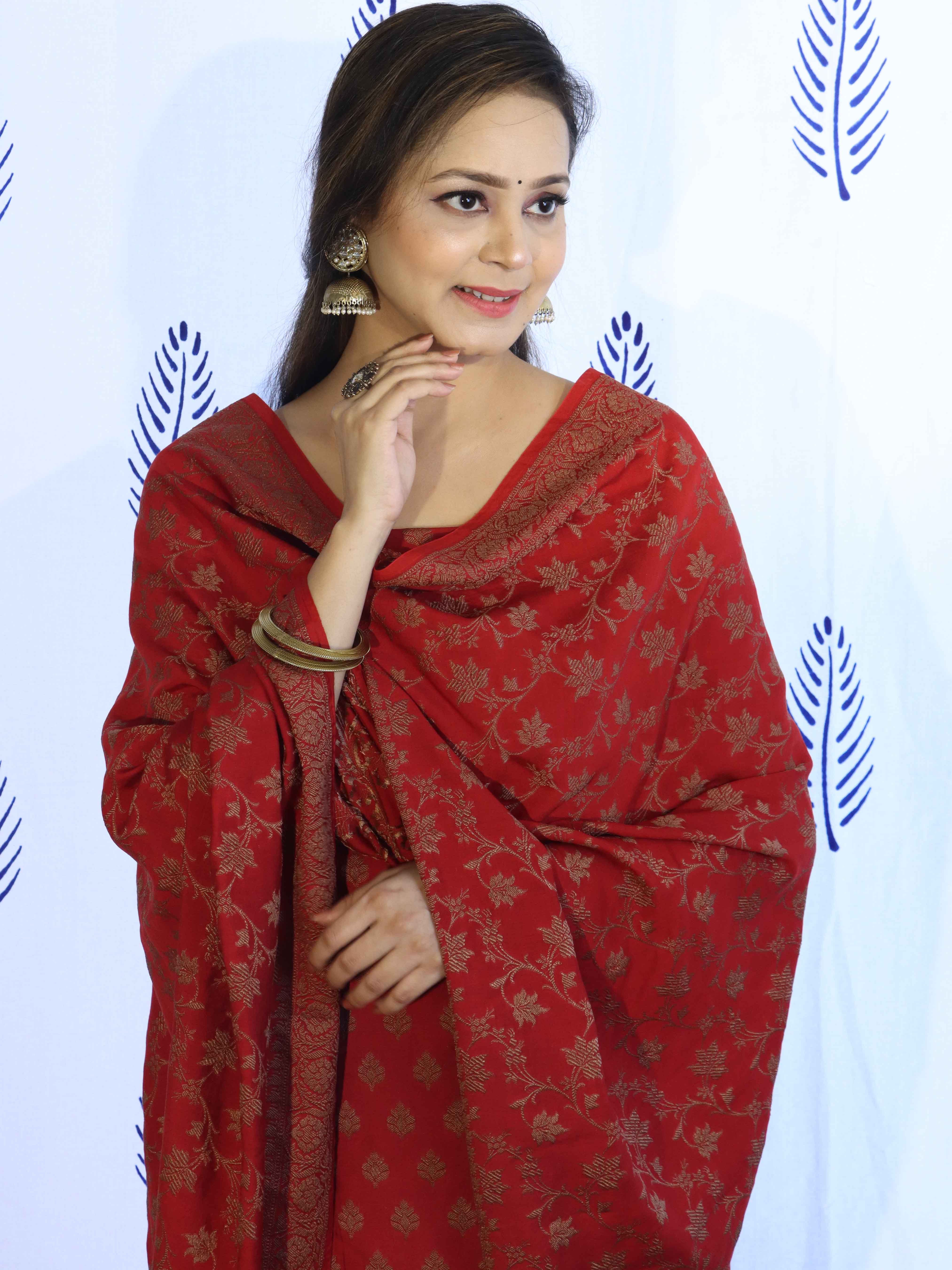 Banarasee Cotton Silk Salwar Kameez Fabric With Dupatta Set & Resham Work-Red