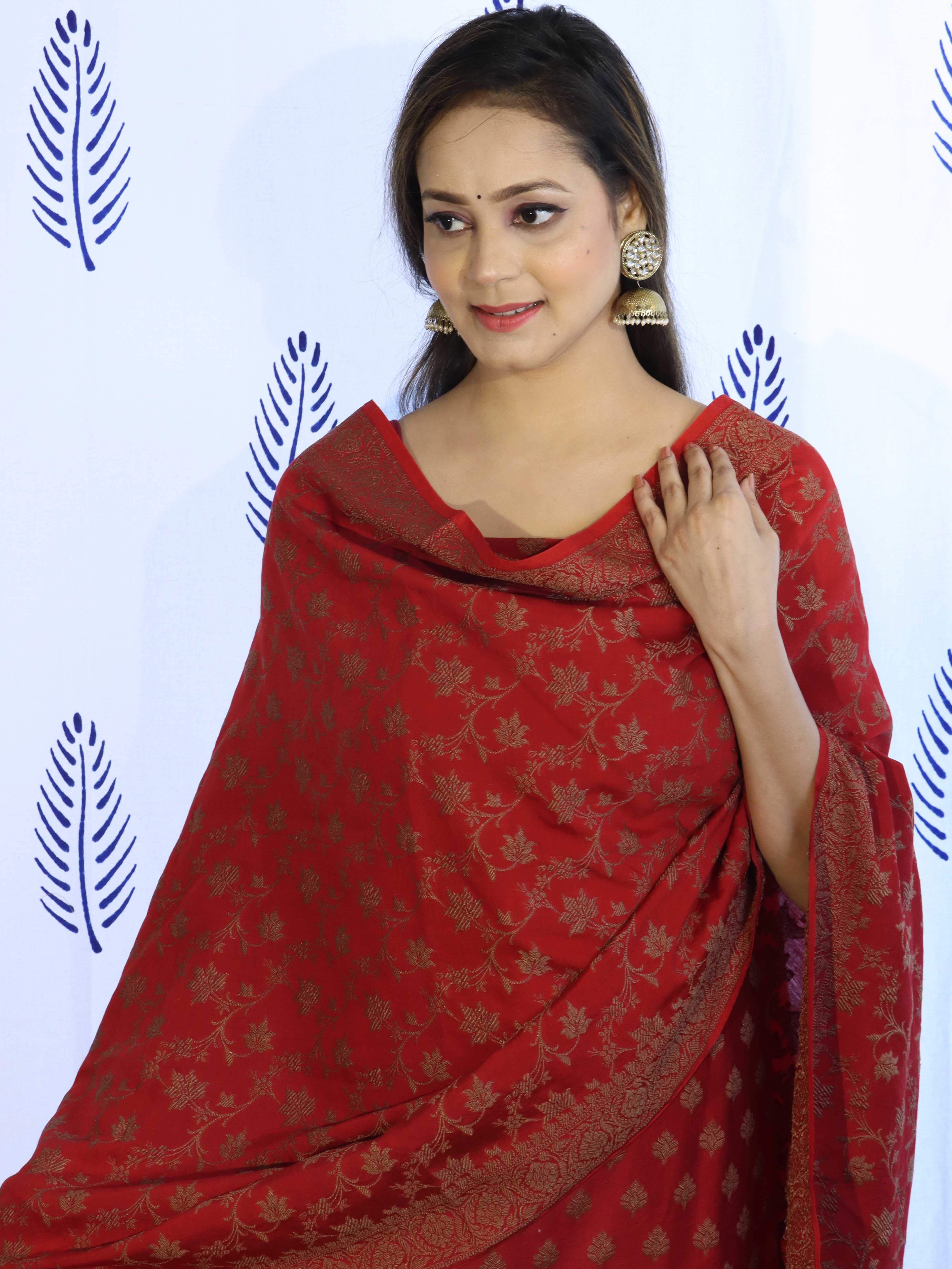 Banarasee Cotton Silk Salwar Kameez Fabric With Dupatta Set & Resham Work-Red