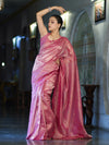 Banarasee Soft Tissue Saree With Hand Embroidered Mirror Work & Zari Stripes Design-Light Pink