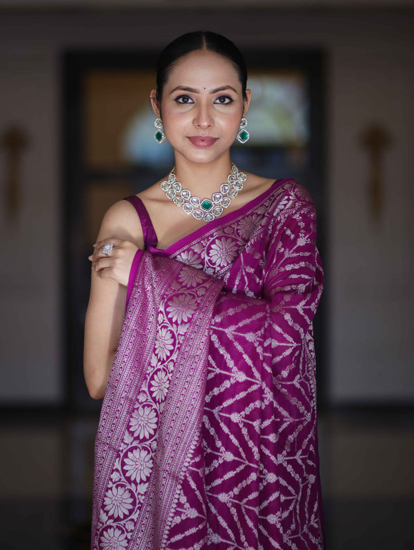 Banarasee Handwoven Georgette Saree With Zari Work & Border-Purple