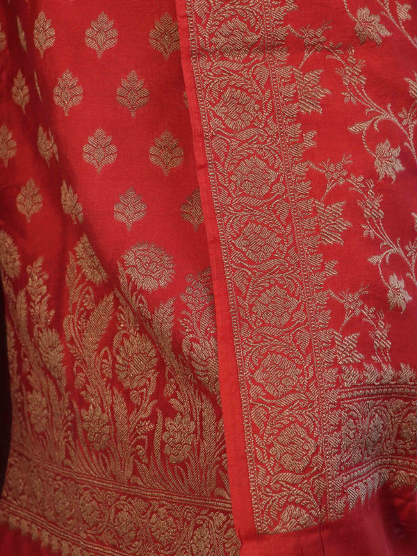 Banarasee Cotton Silk Salwar Kameez Fabric With Dupatta Set & Resham Work-Red