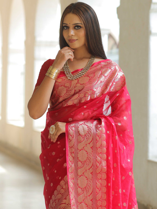 Banarasee Organza Mix Saree With Zari Buta & Border-Red