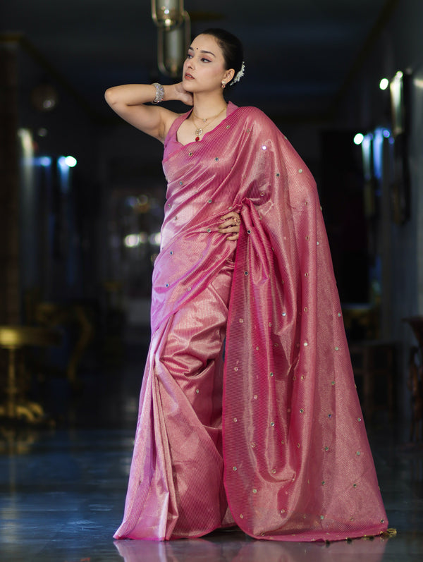 Banarasee Soft Tissue Saree With Hand Embroidered Mirror Work & Zari Stripes Design-Light Pink