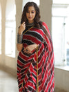 Banarasee Pure Chiffon Hand-Dyed Leheriya Saree With Gold Border-Red & Black