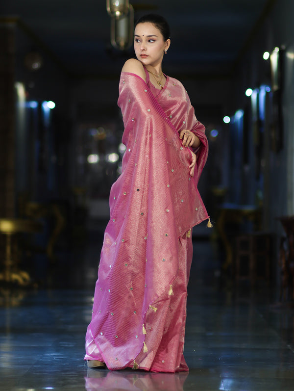 Banarasee Soft Tissue Saree With Hand Embroidered Mirror Work & Zari Stripes Design-Light Pink
