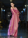 Banarasee Soft Tissue Saree With Hand Embroidered Mirror Work & Zari Stripes Design-Light Pink