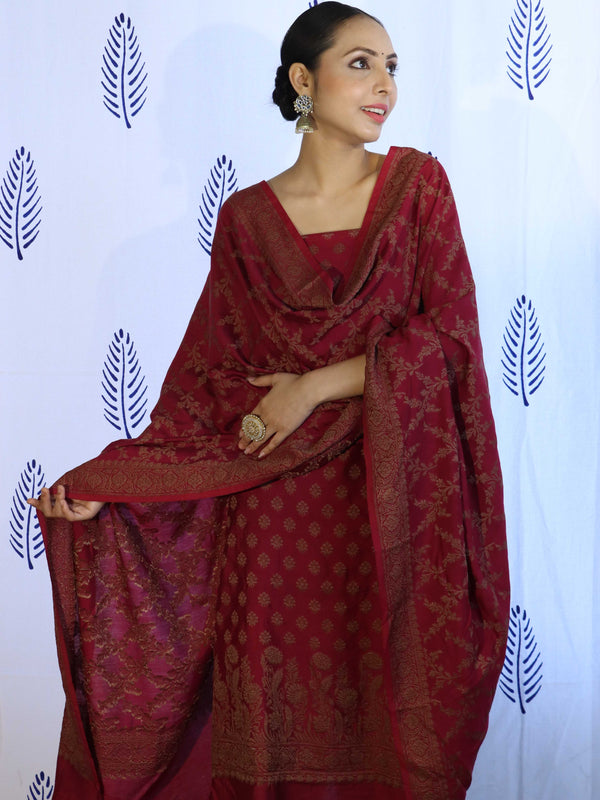 Banarasee Cotton Silk Salwar Kameez Fabric With Dupatta Set & Resham Work-Magenta