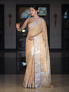 Banarasee Semi Chiffon Saree With Meena Work Silver Zari Border & Lace-Light Beige