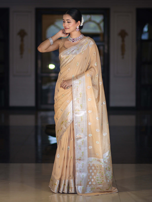 Banarasee Semi Chiffon Saree With Meena Work Silver Zari Border & Lace-Light Beige