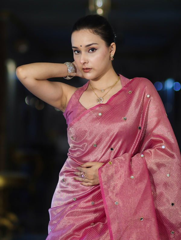 Banarasee Soft Tissue Saree With Hand Embroidered Mirror Work & Zari Stripes Design-Light Pink