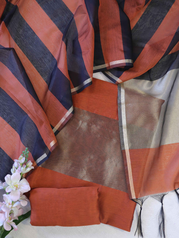 Banarasee Cotton Silk Stripe Pattern Salwar Kameez Fabric With Dupatta Set-Rust