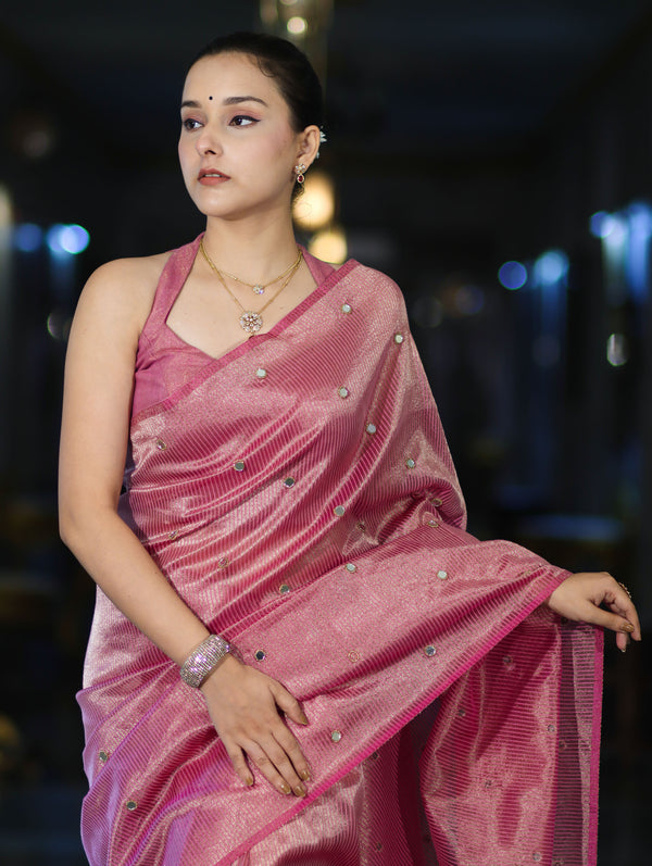 Banarasee Soft Tissue Saree With Hand Embroidered Mirror Work & Zari Stripes Design-Light Pink