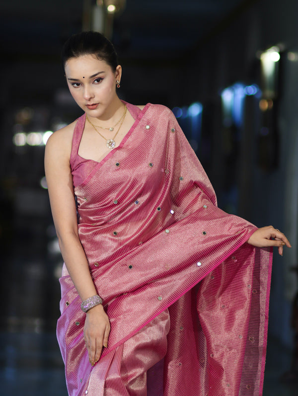 Banarasee Soft Tissue Saree With Hand Embroidered Mirror Work & Zari Stripes Design-Light Pink