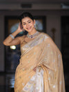 Banarasee Semi Chiffon Saree With Meena Work Silver Zari Border & Lace-Light Beige