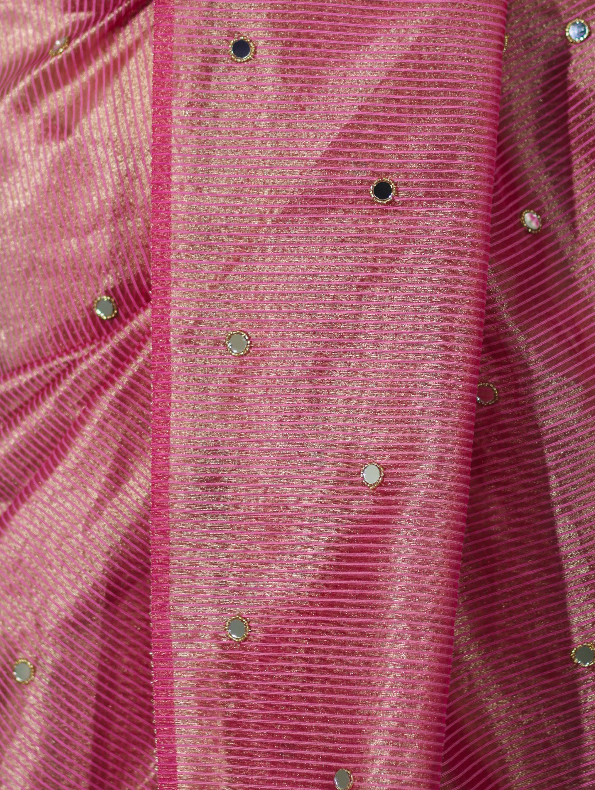 Banarasee Soft Tissue Saree With Hand Embroidered Mirror Work & Zari Stripes Design-Light Pink