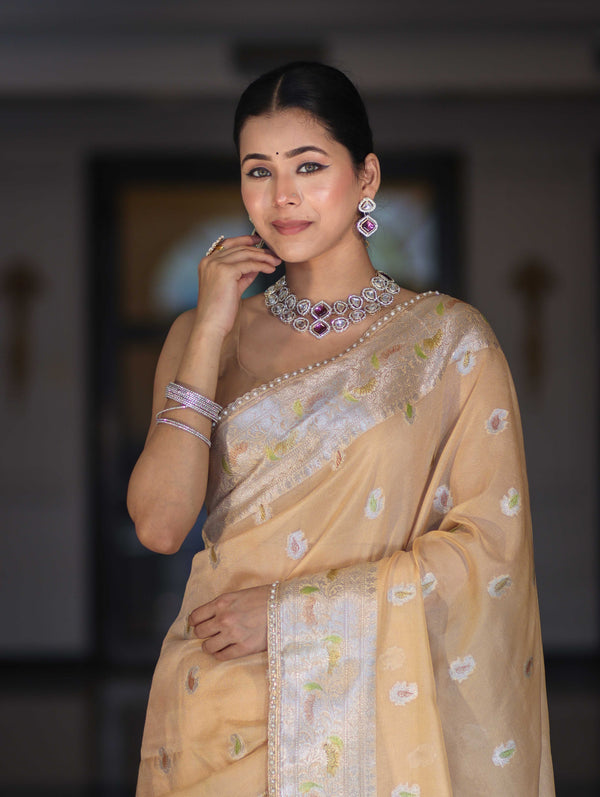 Banarasee Semi Chiffon Saree With Meena Work Silver Zari Border & Lace-Light Beige