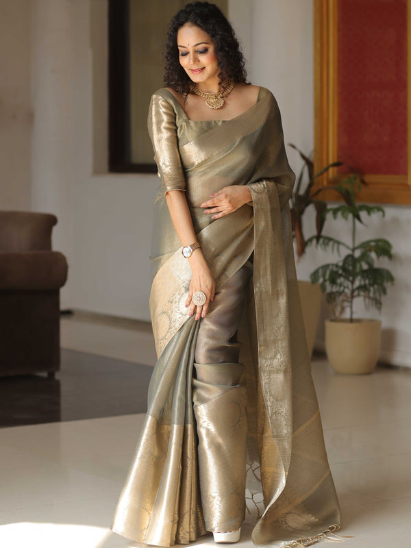 Banarasee Handwoven Plain Tissue Skirt Border Saree-Grey