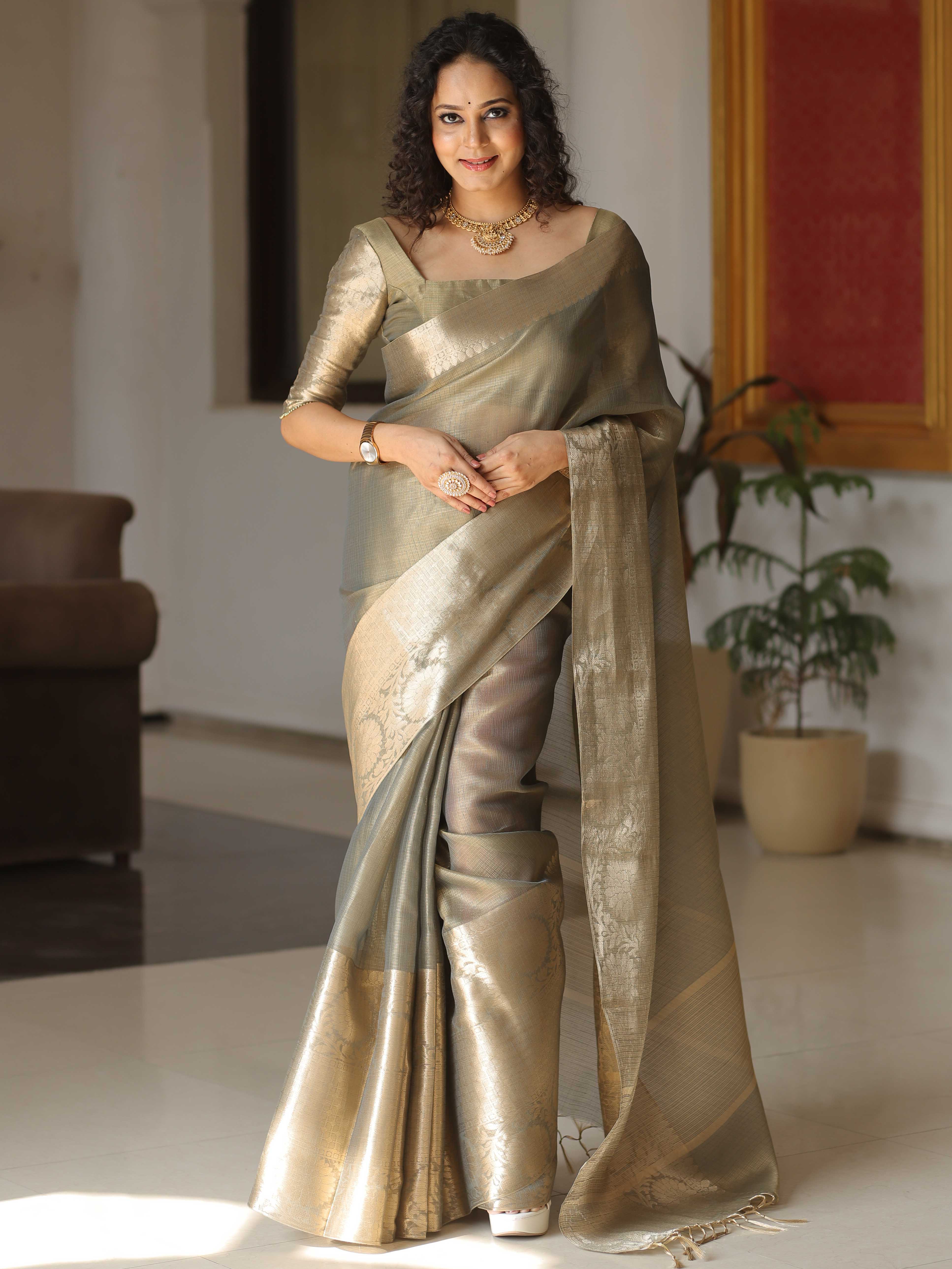 Banarasee Handwoven Plain Tissue Skirt Border Saree-Grey