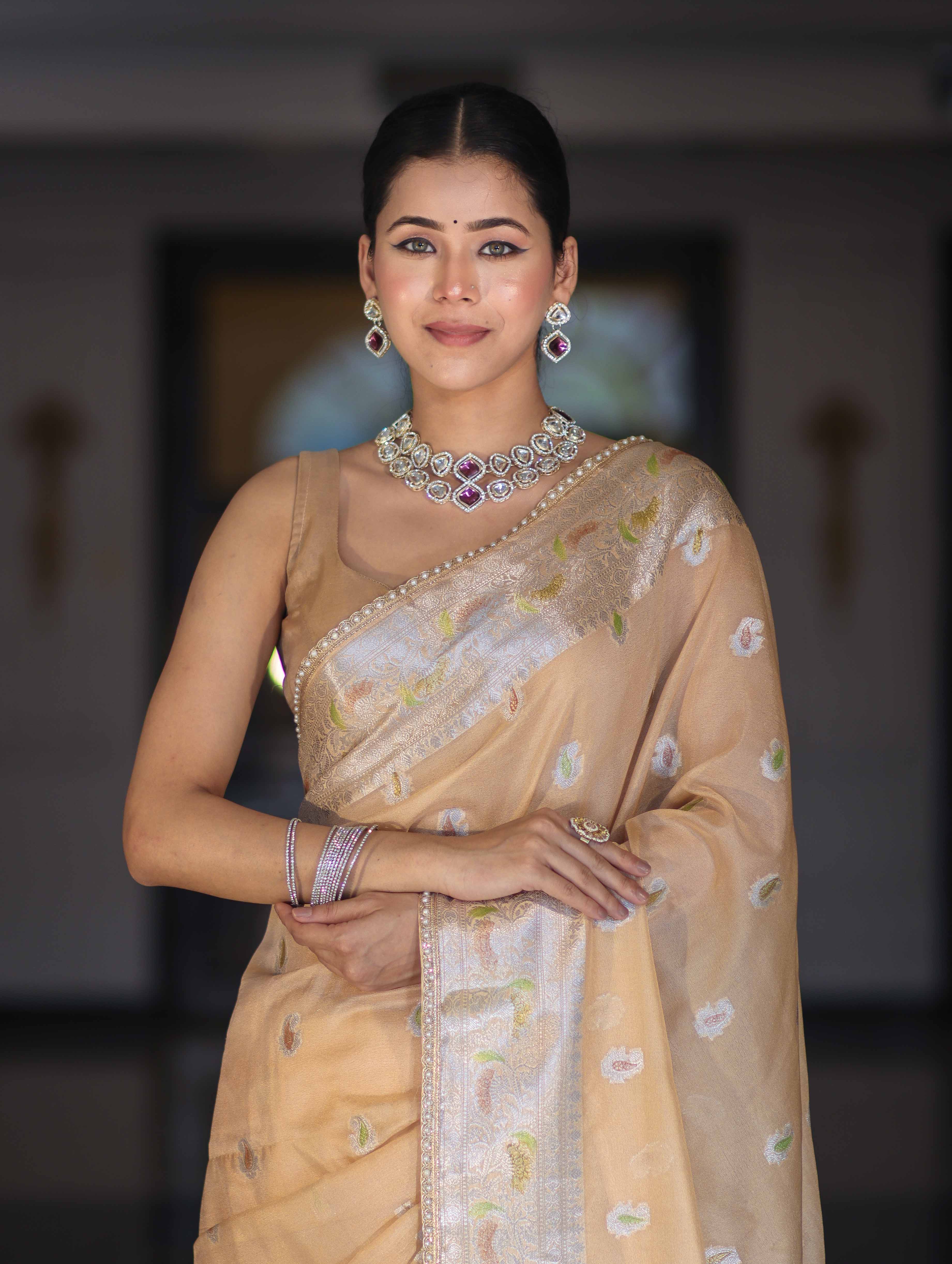 Banarasee Semi Chiffon Saree With Meena Work Silver Zari Border & Lace-Light Beige