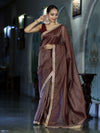 Banarasee Handloom Soft Tissue Saree With Stripe Pattern & Lace Border-Burgundy