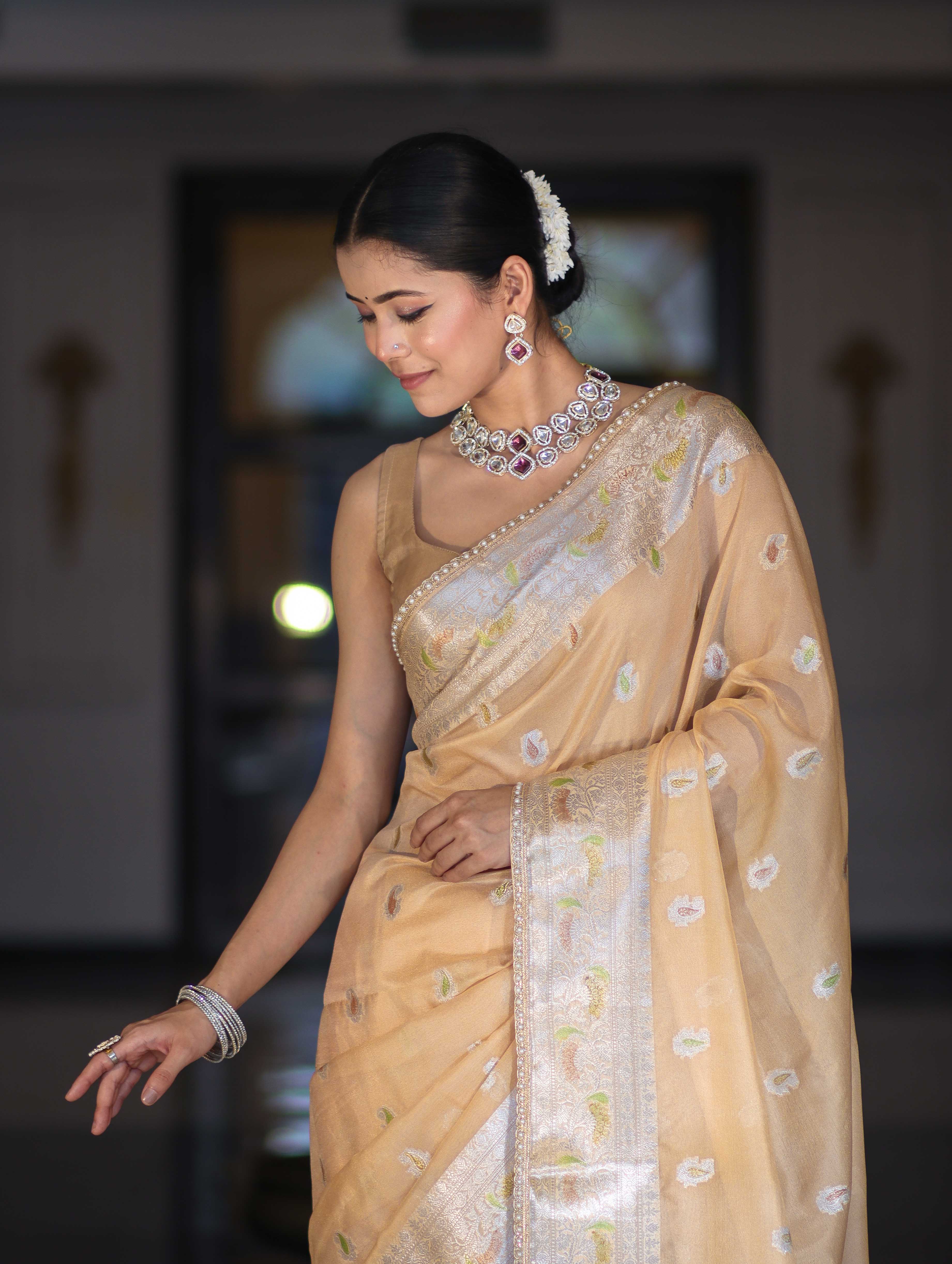 Banarasee Semi Chiffon Saree With Meena Work Silver Zari Border & Lace-Light Beige