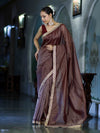 Banarasee Handloom Soft Tissue Saree With Stripe Pattern & Lace Border-Burgundy
