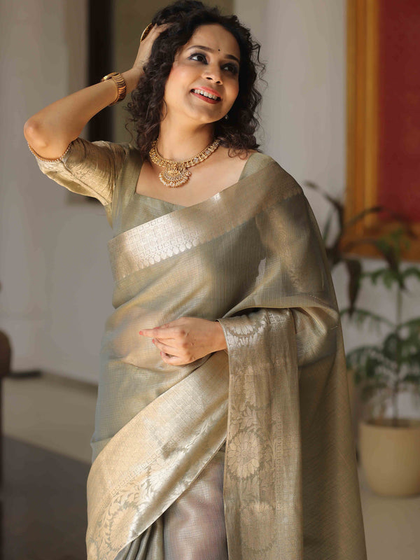 Banarasee Handwoven Plain Tissue Skirt Border Saree-Grey