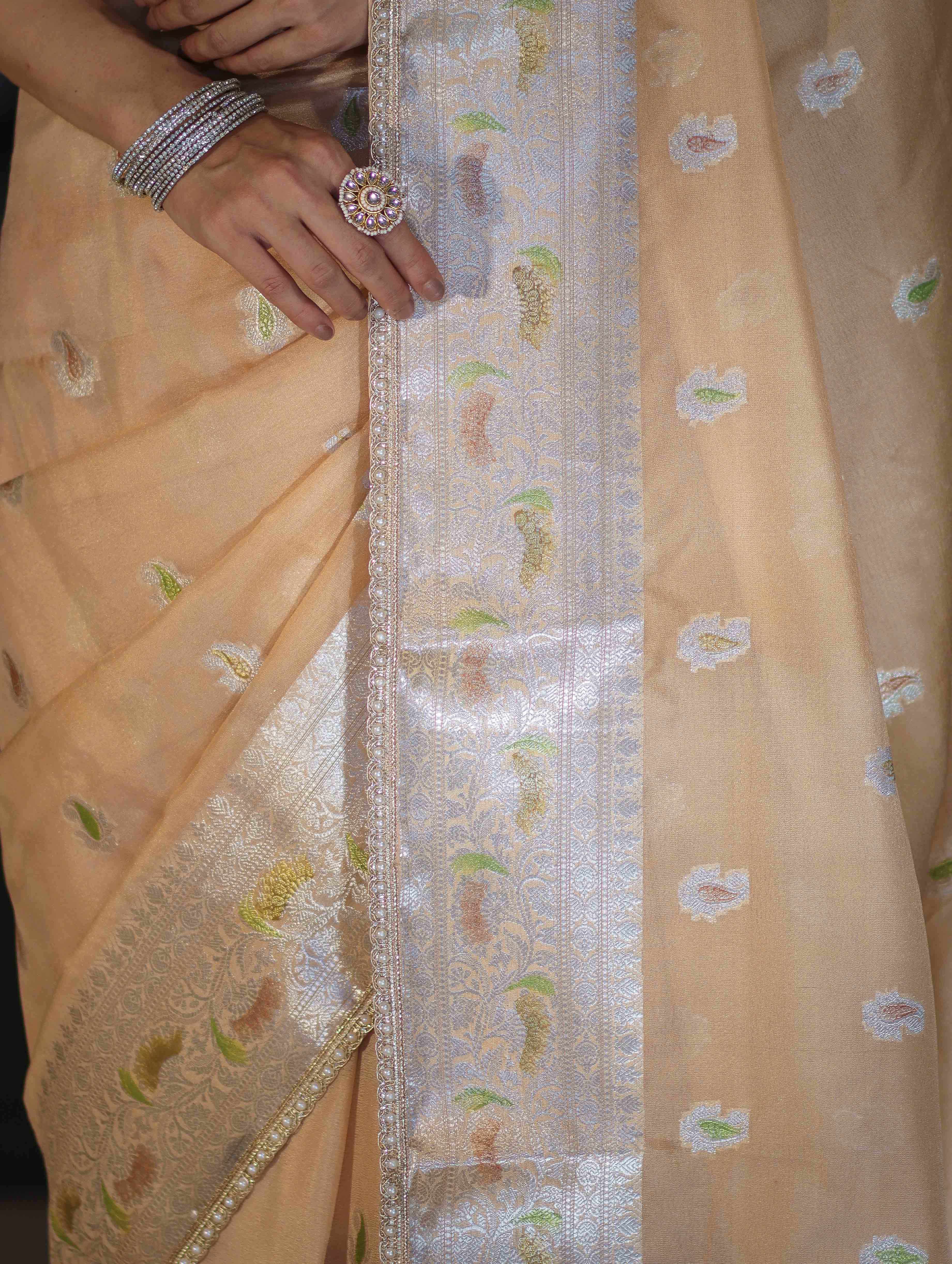 Banarasee Semi Chiffon Saree With Meena Work Silver Zari Border & Lace-Light Beige