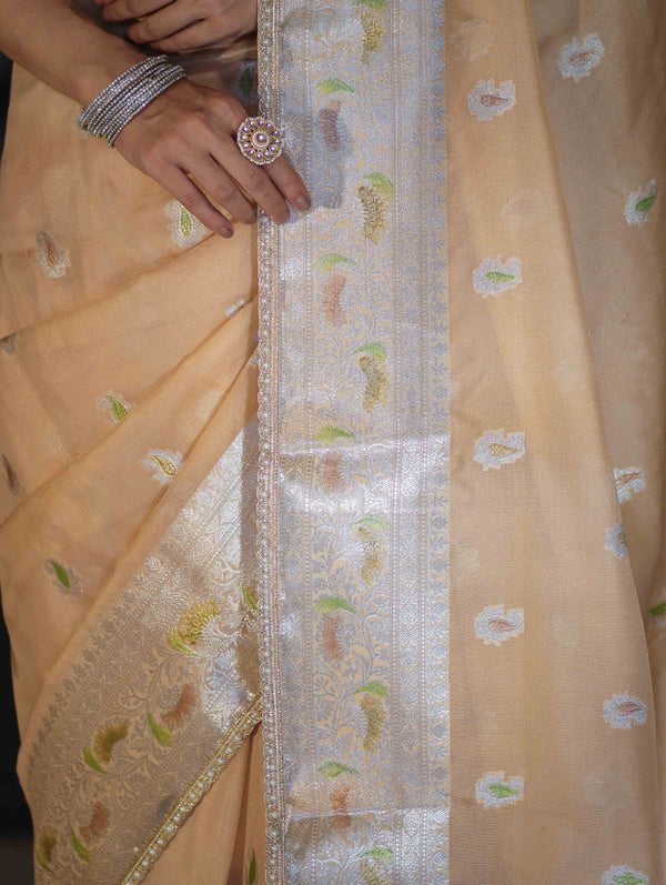 Banarasee Semi Chiffon Saree With Meena Work Silver Zari Border & Lace-Light Beige
