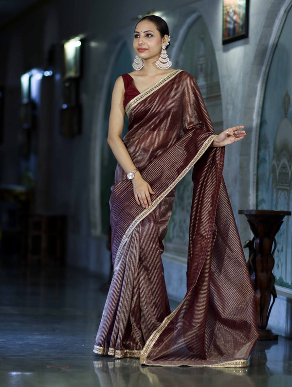 Banarasee Handloom Soft Tissue Saree With Stripe Pattern & Lace Border-Burgundy